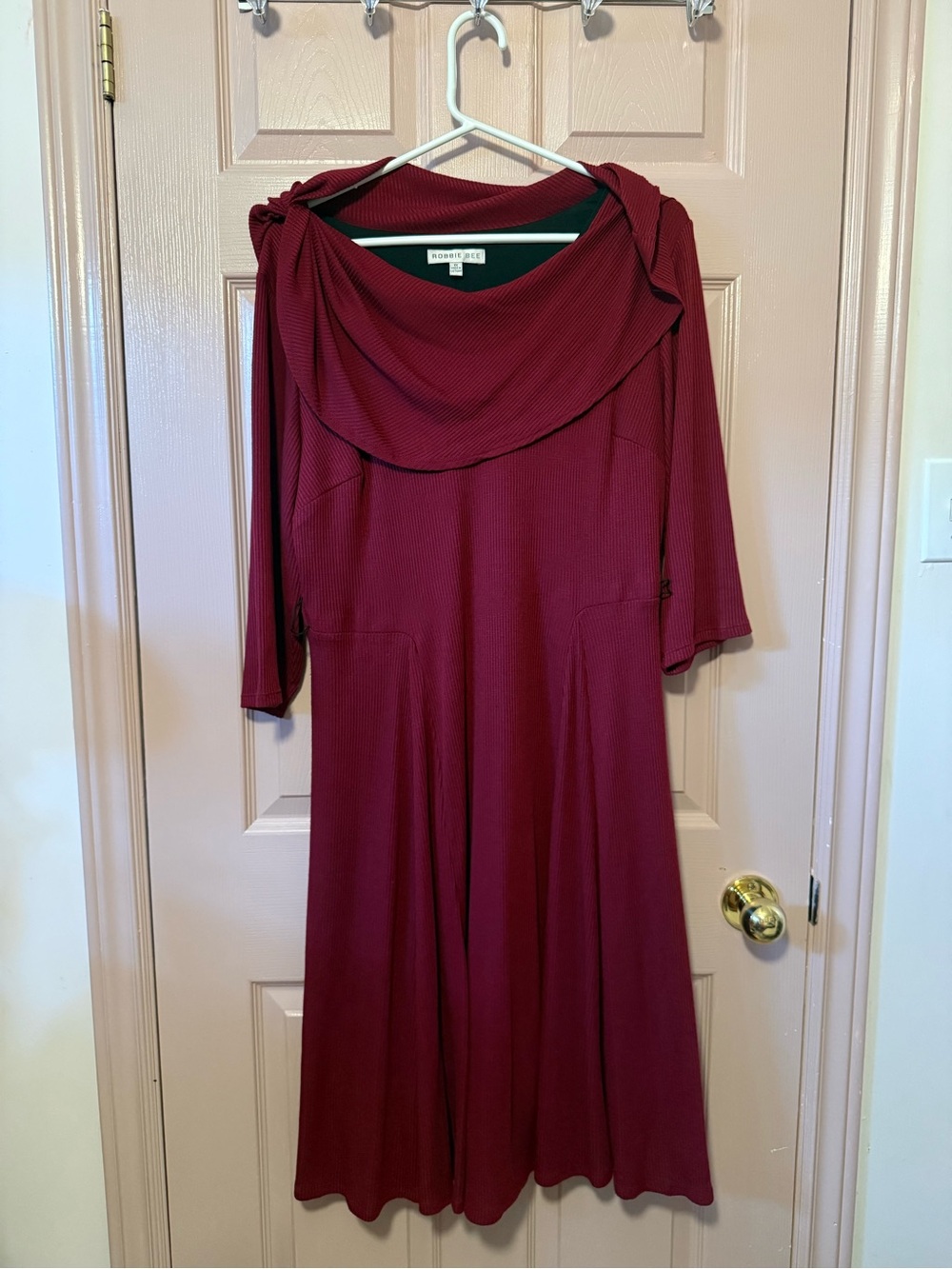 Robbie Bee Wine Long Sleeve Draped Neck Dress